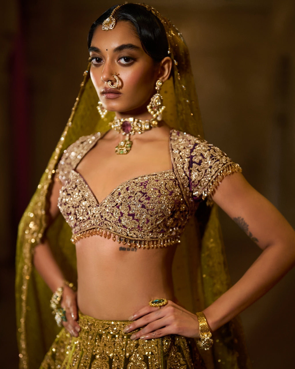Green Velvet Zardosi Lehenga Set