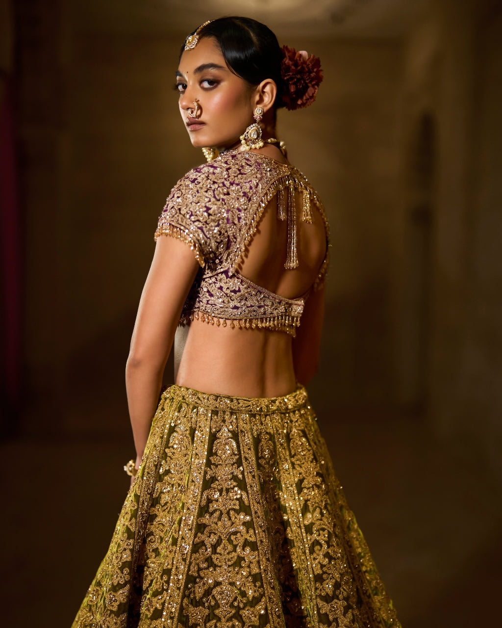 Green Velvet Zardosi Lehenga Set