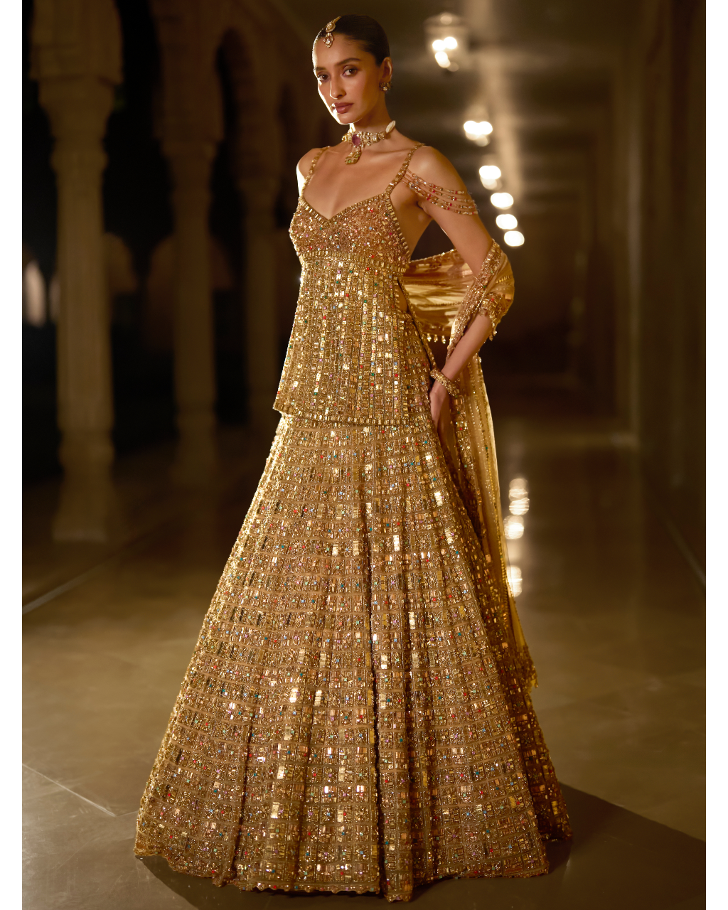 Antique Gold Multi-Coloured Stone Lehenga Set