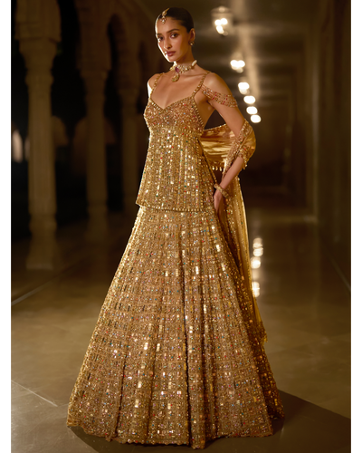 Antique Gold Multi-Coloured Stone Lehenga Set
