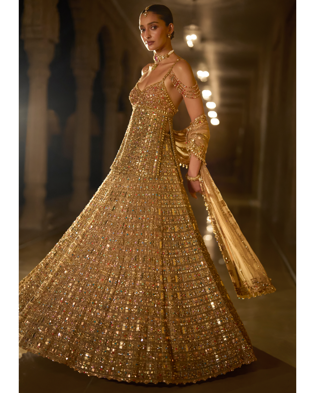 Antique Gold Multi-Coloured Stone Lehenga Set