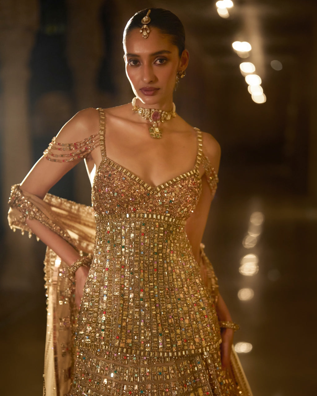 Antique Gold Multi-Coloured Stone Lehenga Set