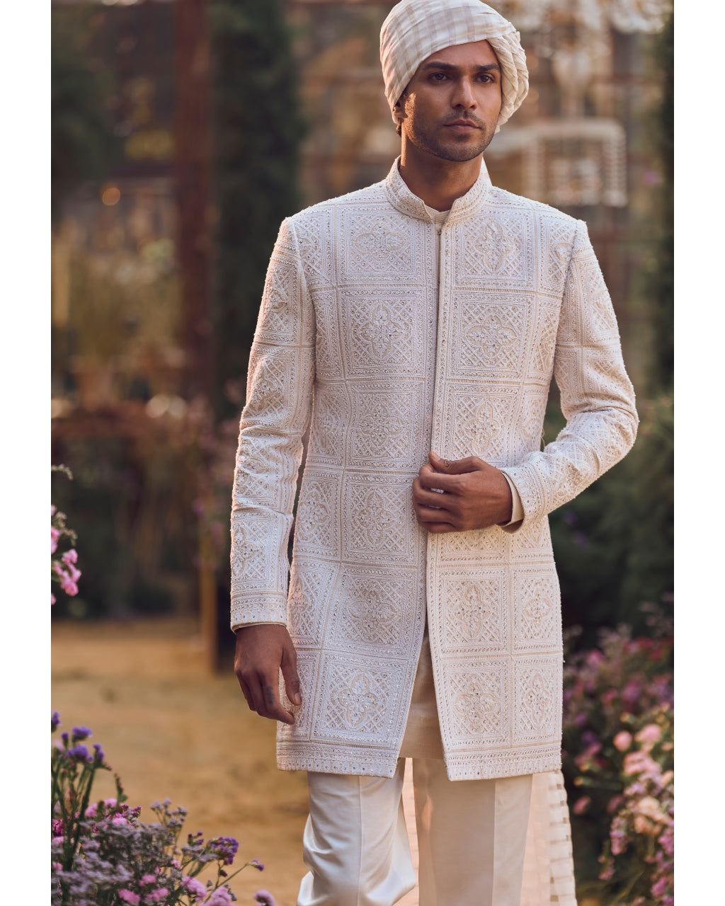 Ivory Geometric Sherwani Set