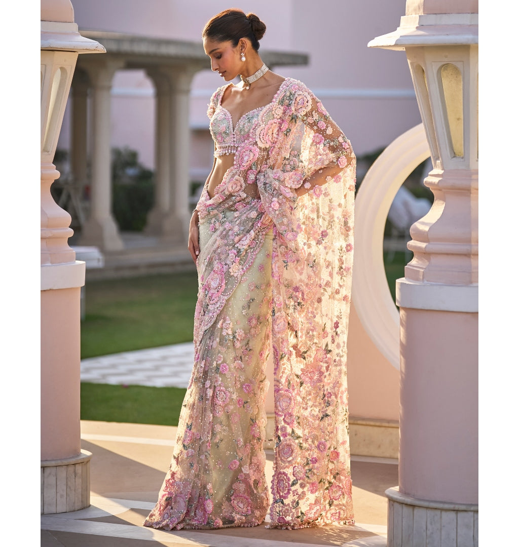 Mint Green Multi-Coloured Floral Sari