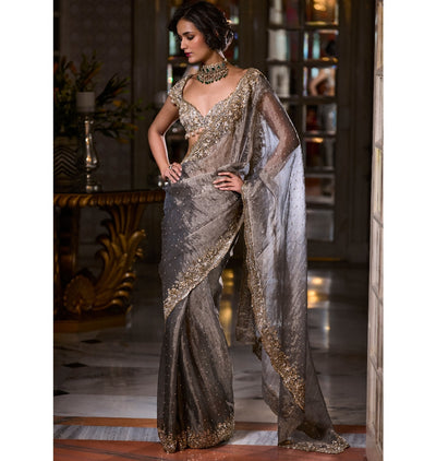 Stone Grey Tissue Organza Sari
