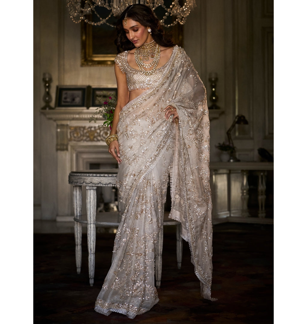 Ivory Gold Sequin Sari