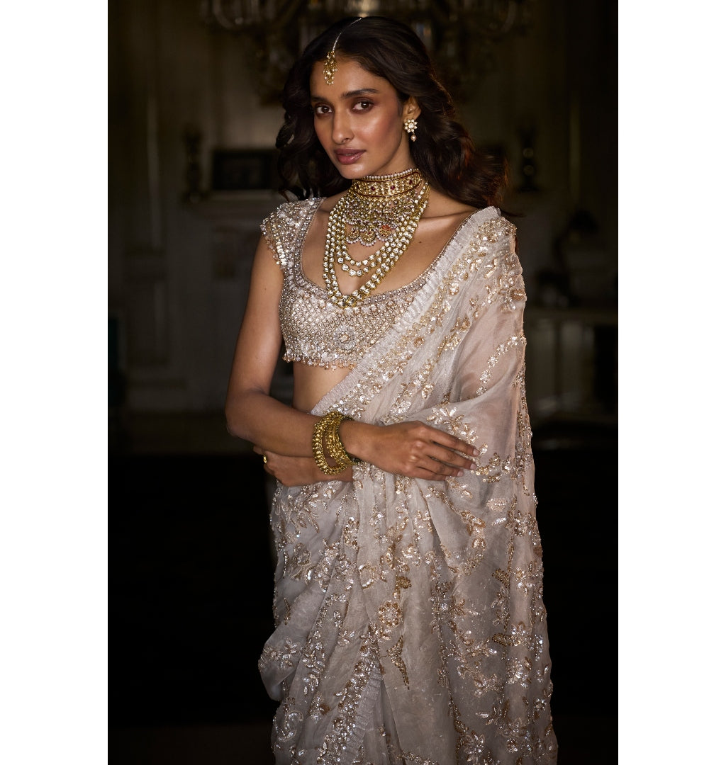 Ivory Gold Sequin Sari