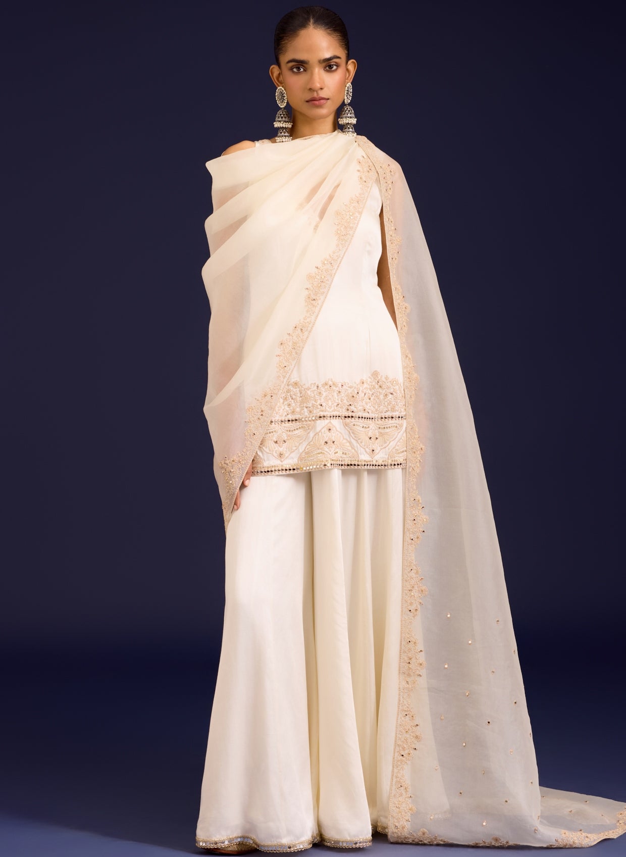 Ivory Embroidered Modal Satin Sharara Set