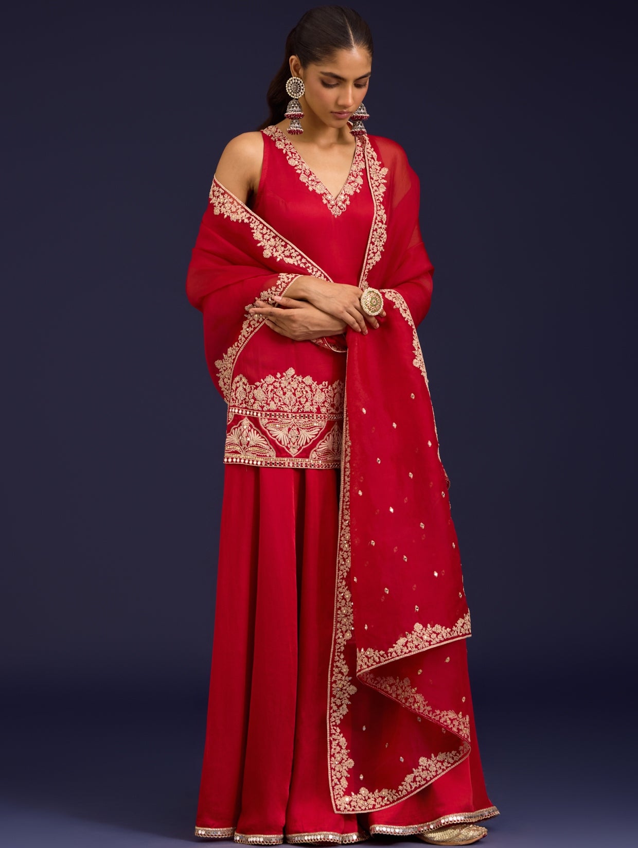 Red Embroidered Modal Satin Sharara Set