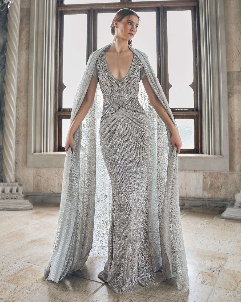 Platinum Dust Gown With Cape