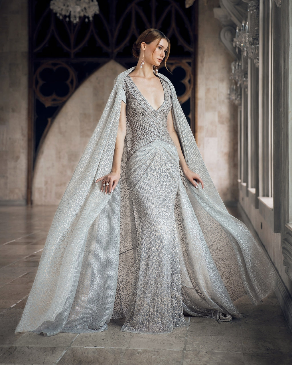 Platinum Dust Gown With Cape