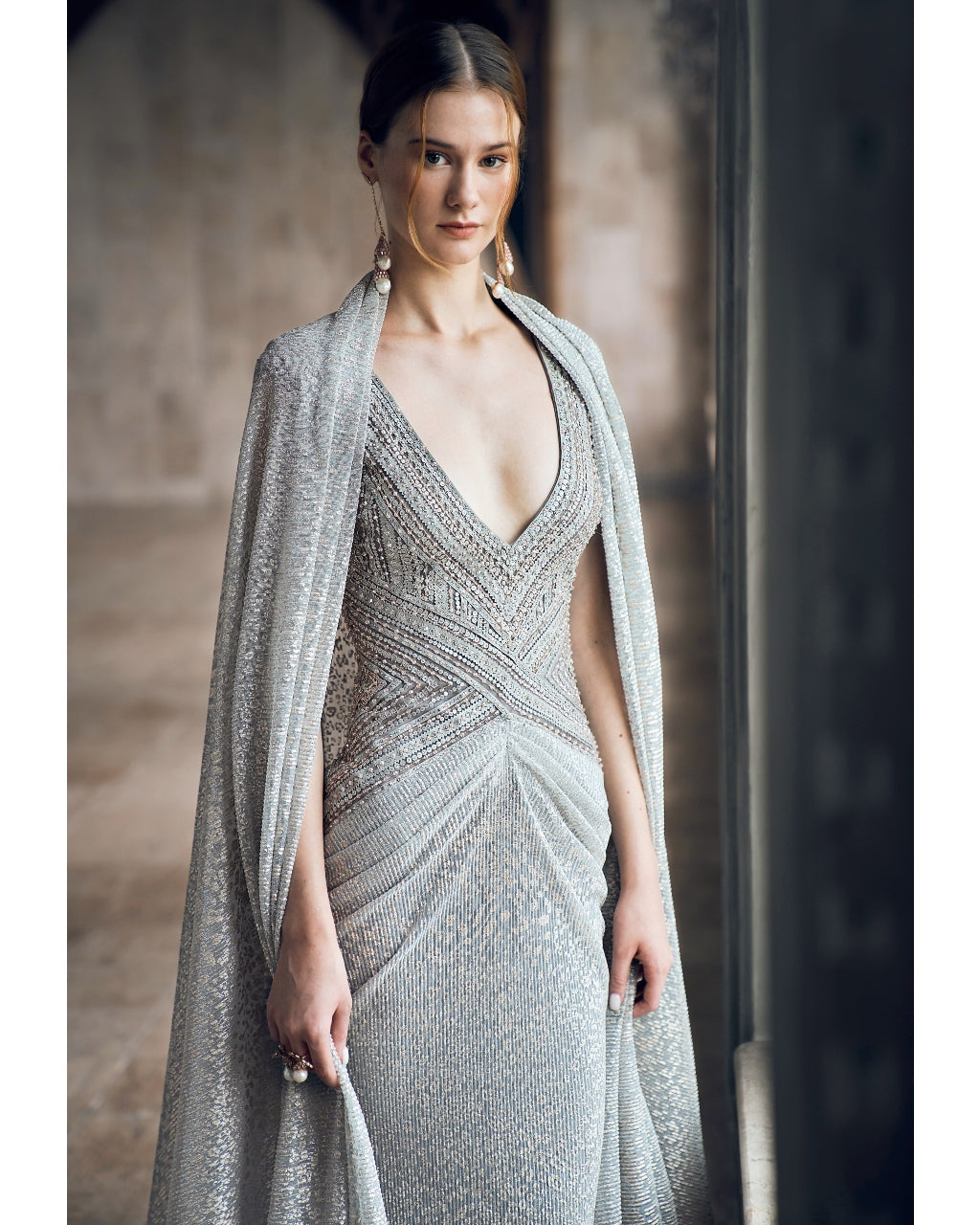 Platinum Dust Gown With Cape