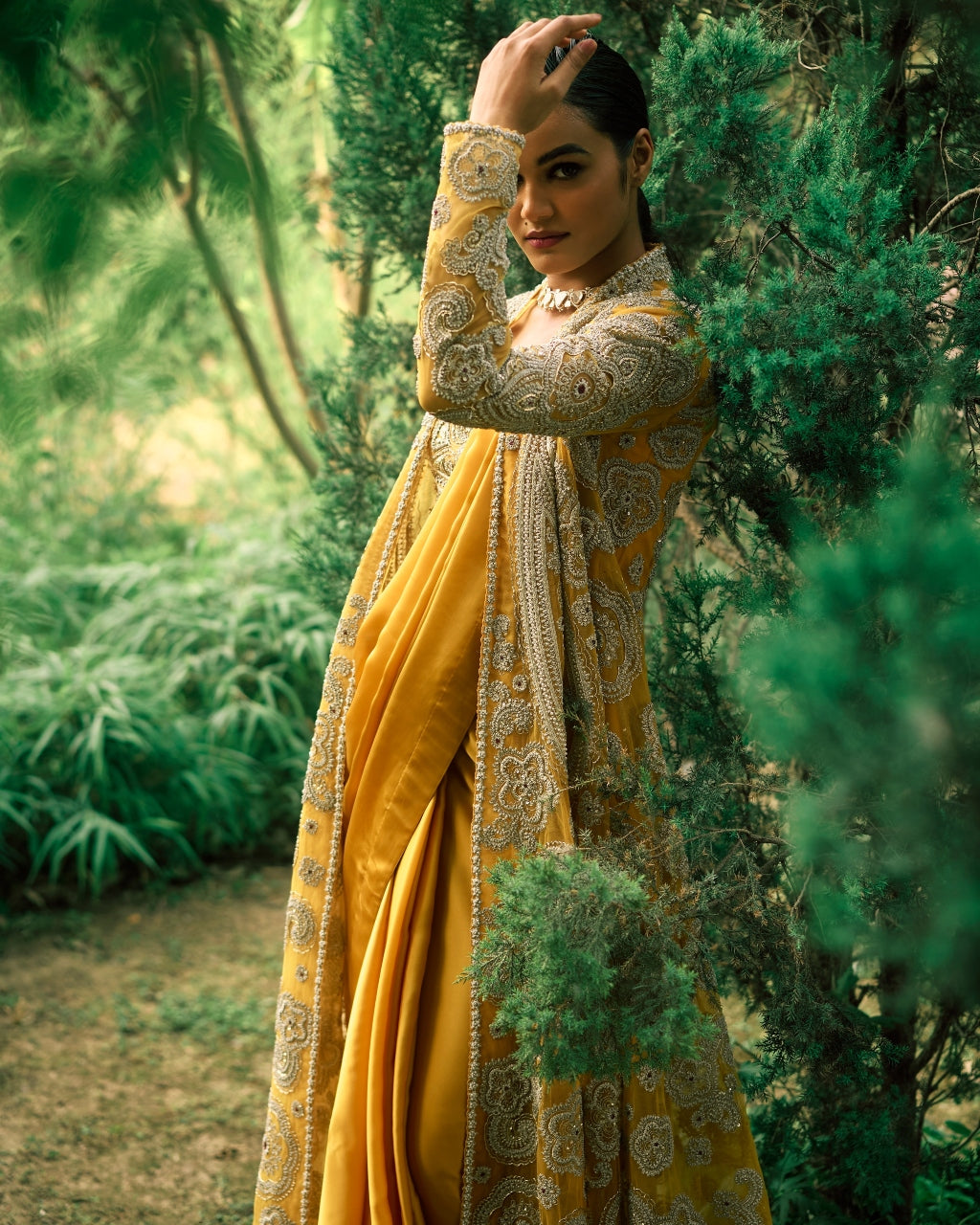 Mustard Sari And Jacket Set