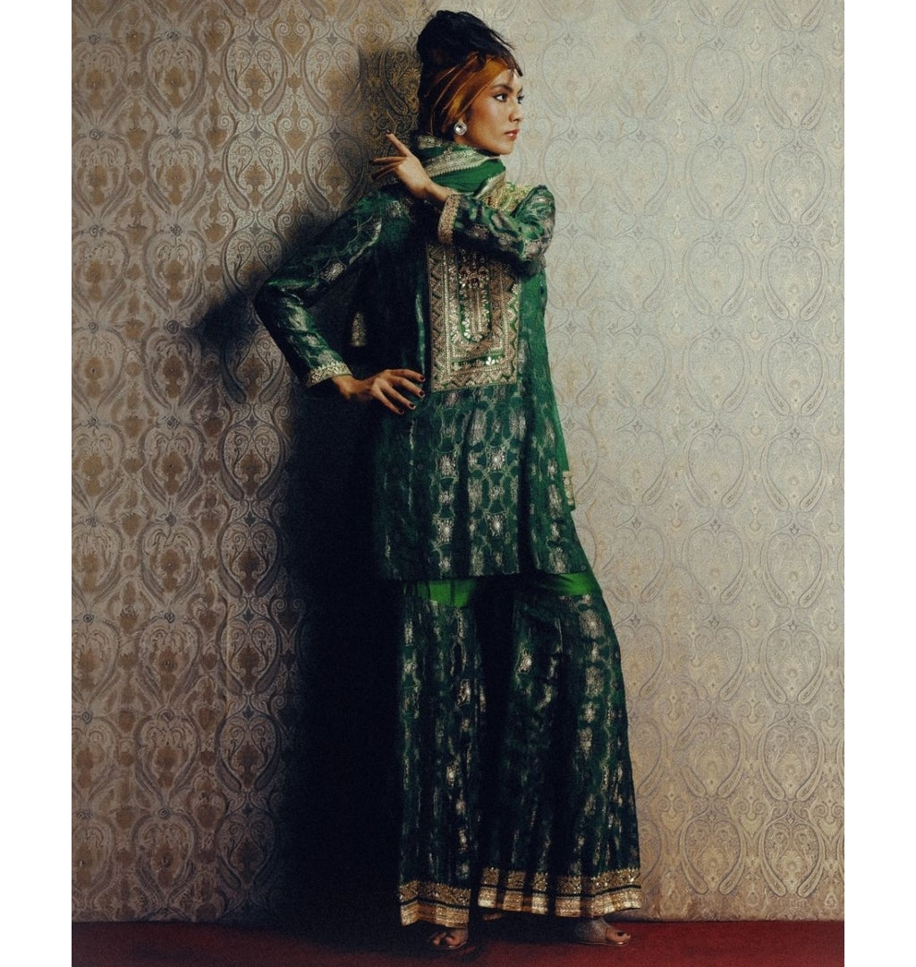 Green Vintage Banarasi with Marodi Short Kurta with Sharara