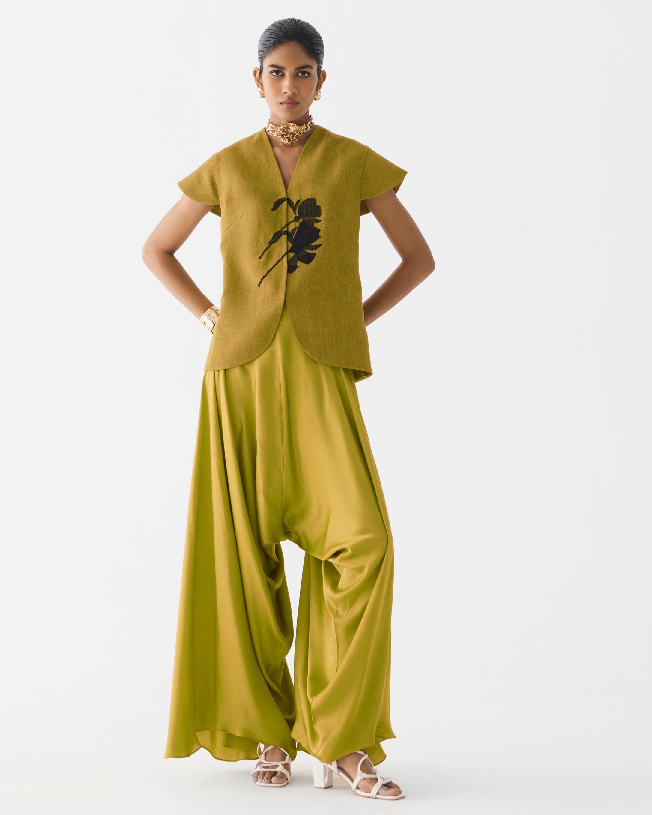 Olive Green & Black Tiger Lily Waistcoat & Dhoti Pants