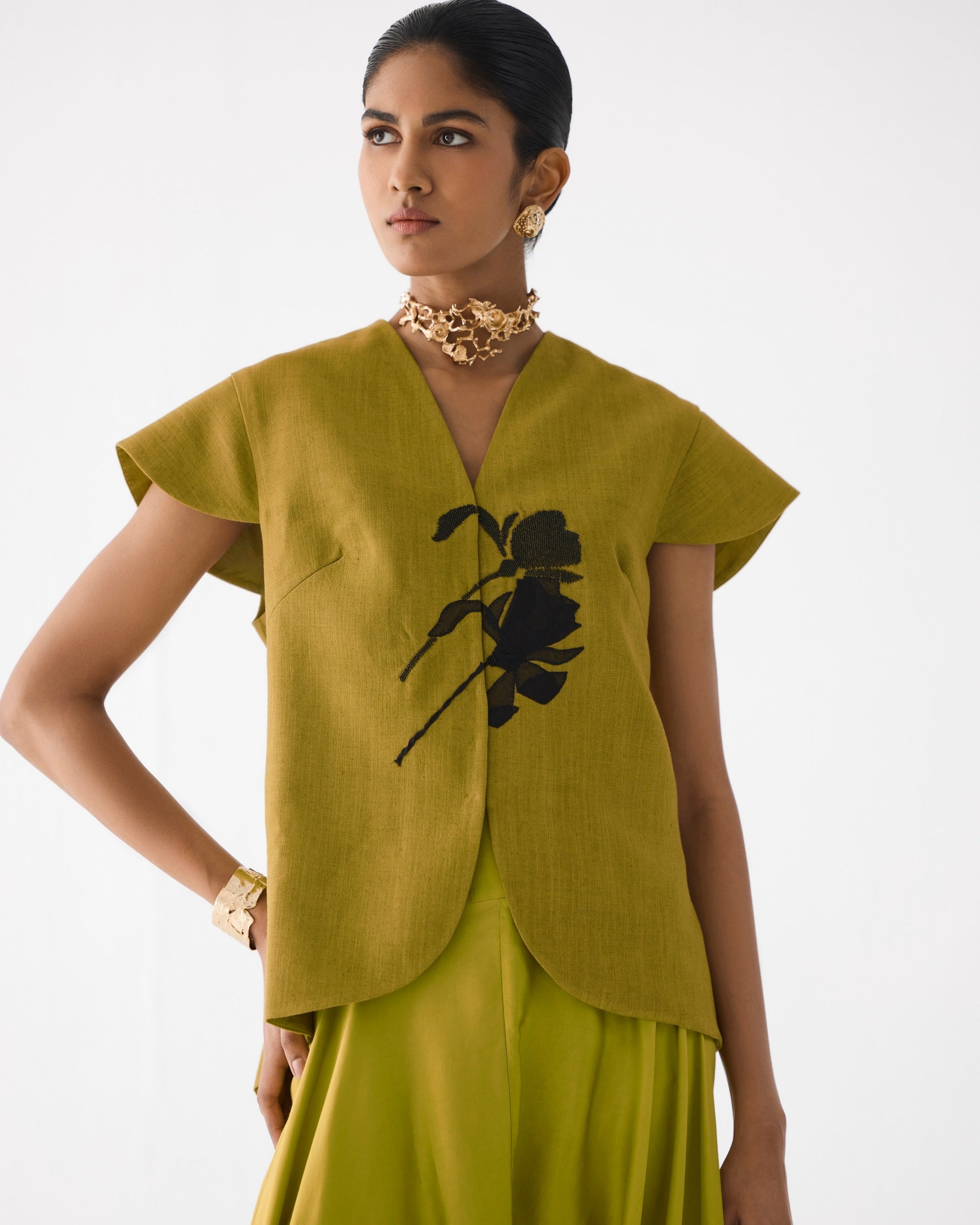 Olive Green & Black Tiger Lily Waistcoat & Dhoti Pants