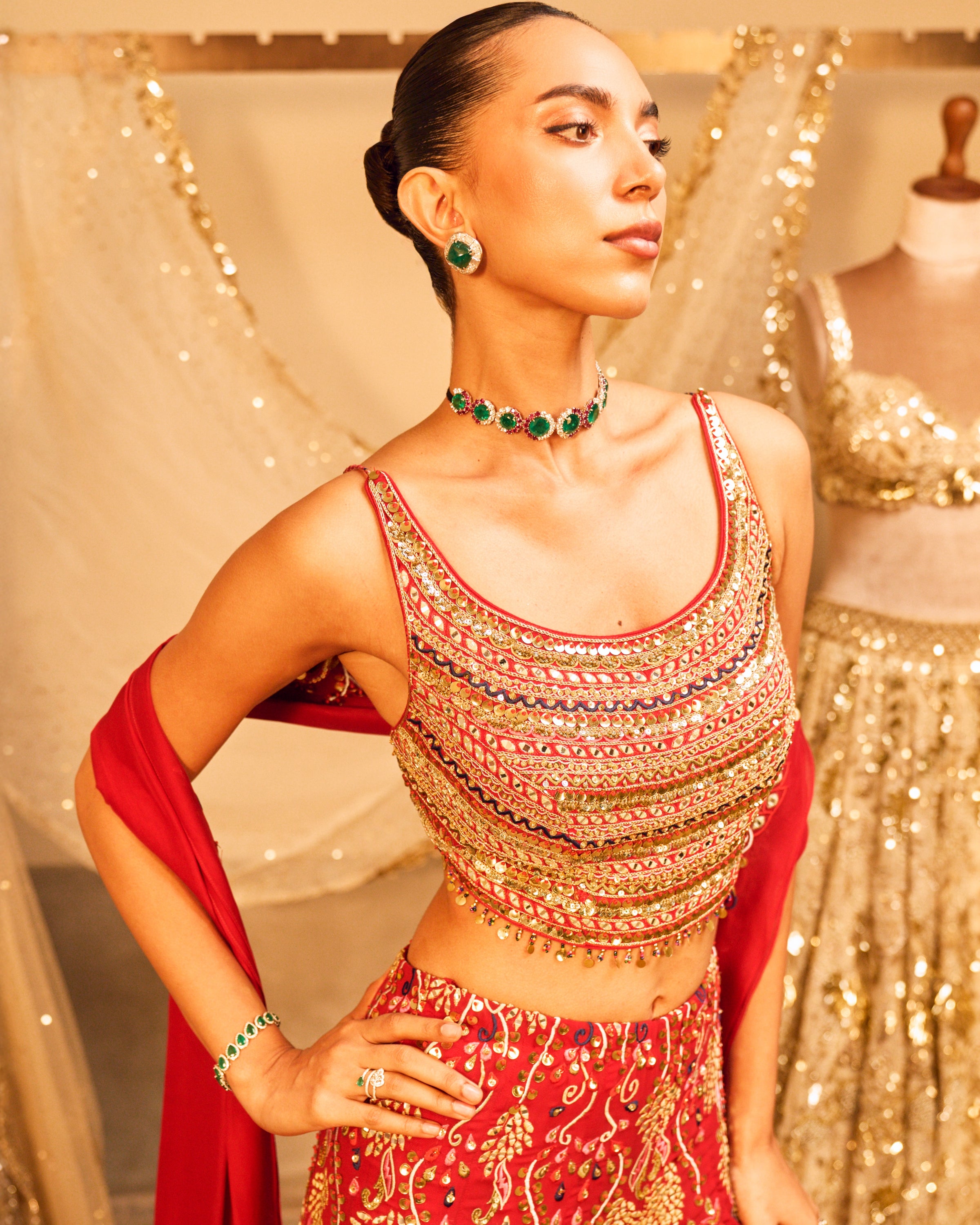 Azra Red High Waist Sharara Set With A Dupatta