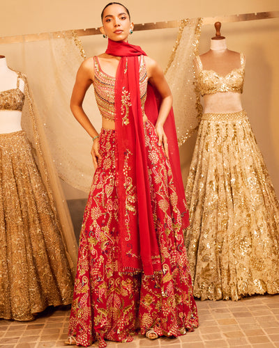 Azra Red High Waist Sharara Set With A Dupatta