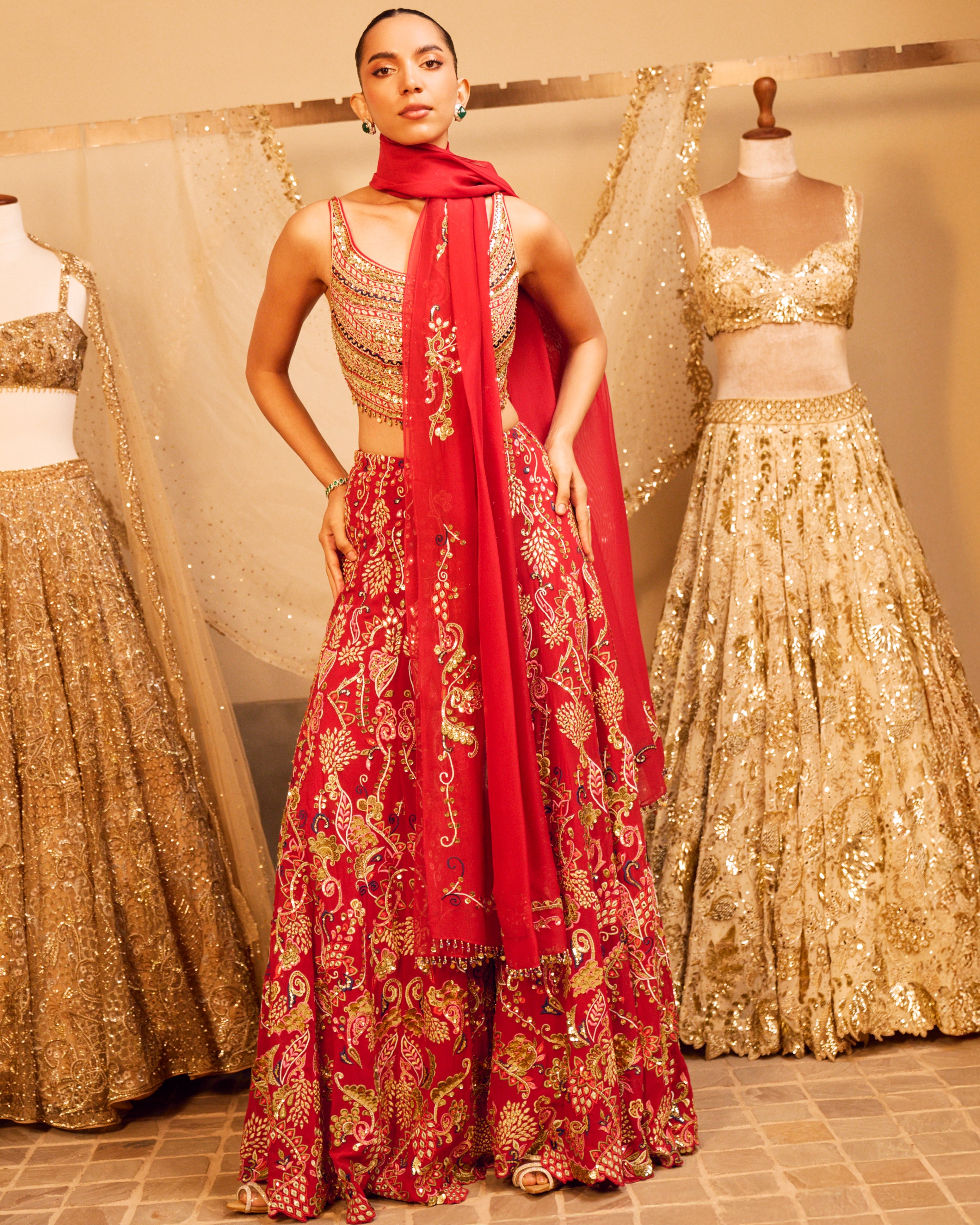 Azra Red High Waist Sharara Set With A Dupatta