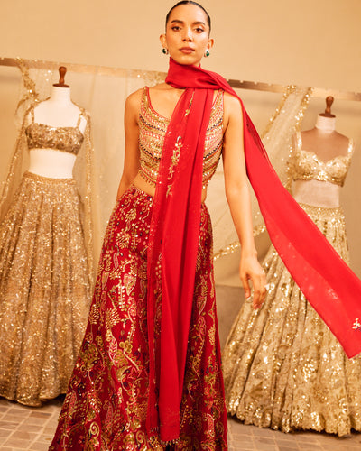Azra Red High Waist Sharara Set With A Dupatta