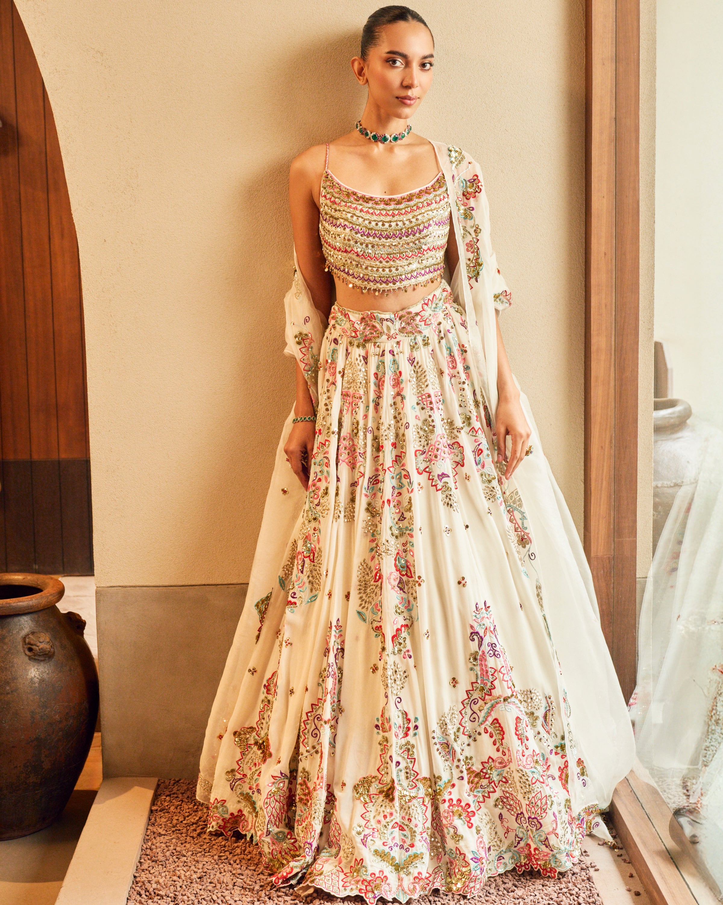 Azra Ivory Lehenga Set With Multi Coloured Embroidery
