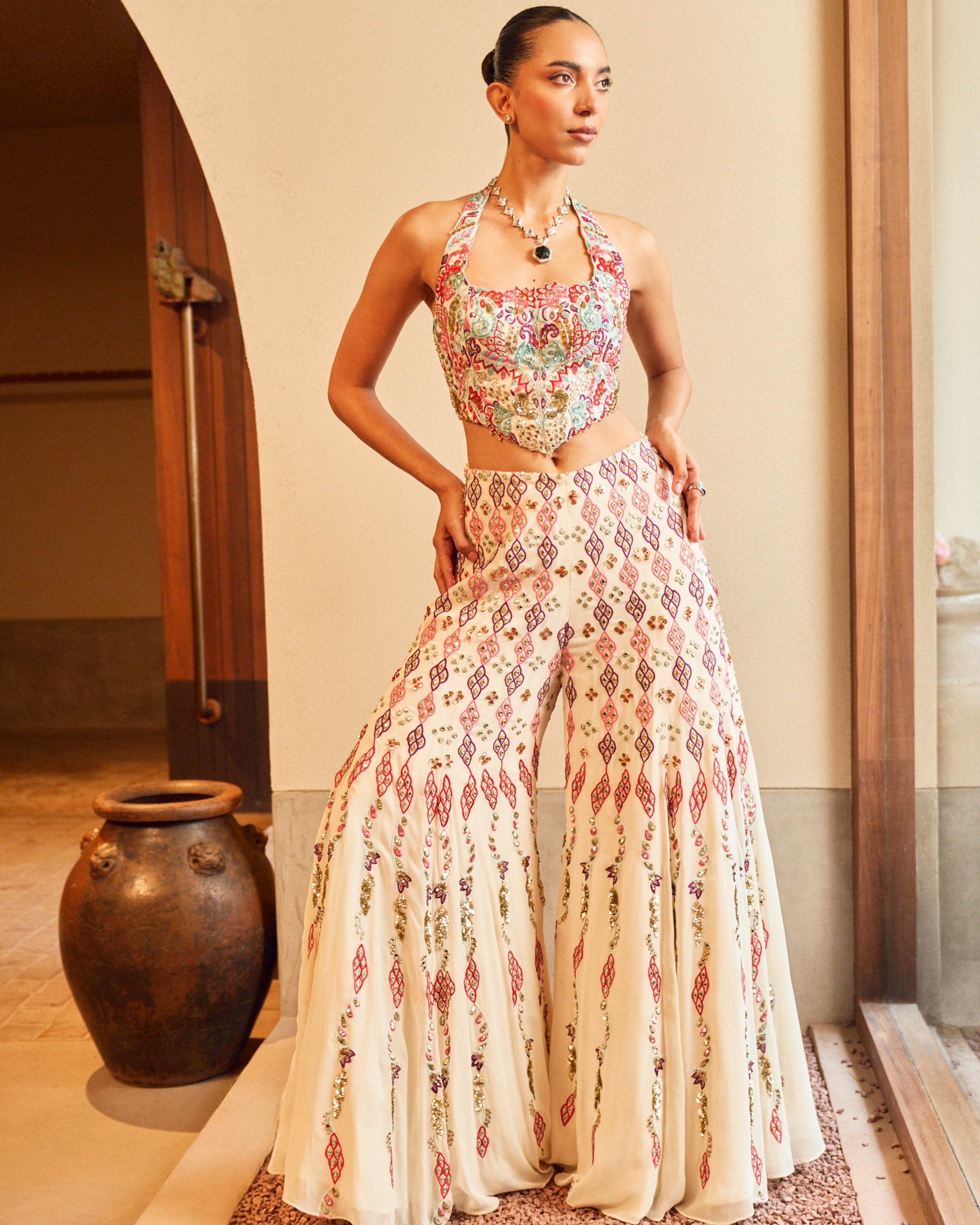 Azra Ivory High Waist Sharara Paired With A Corset Top