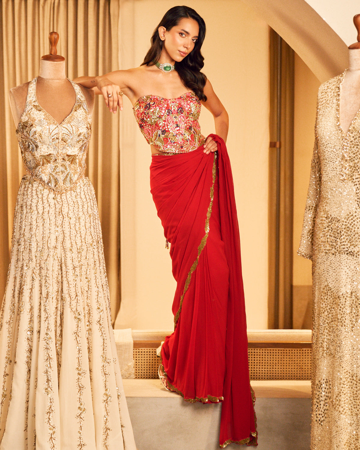 Azra Red Pre Draped Sari Set With A Corset Blouse