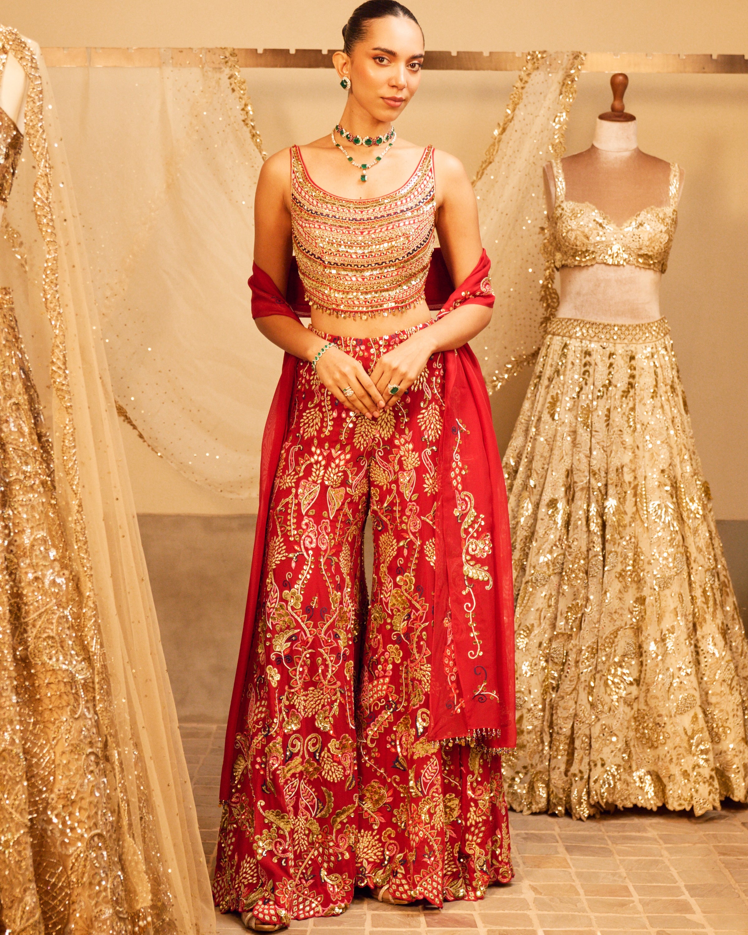 Azra Red High Waist Sharara Set With A Dupatta