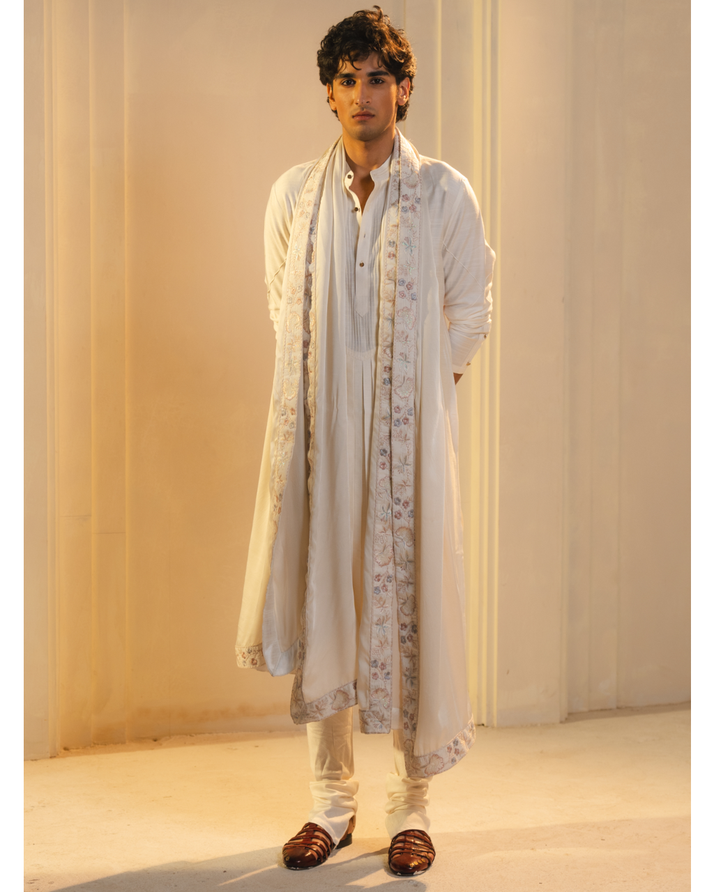 Ivory Silk Hand Painted And Hand Embroidered Sherwani Set