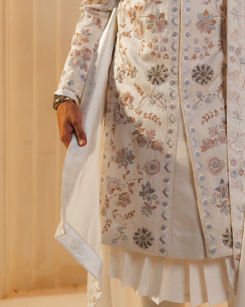 Ivory Silk Hand Painted And Hand Embroidered Sherwani Set