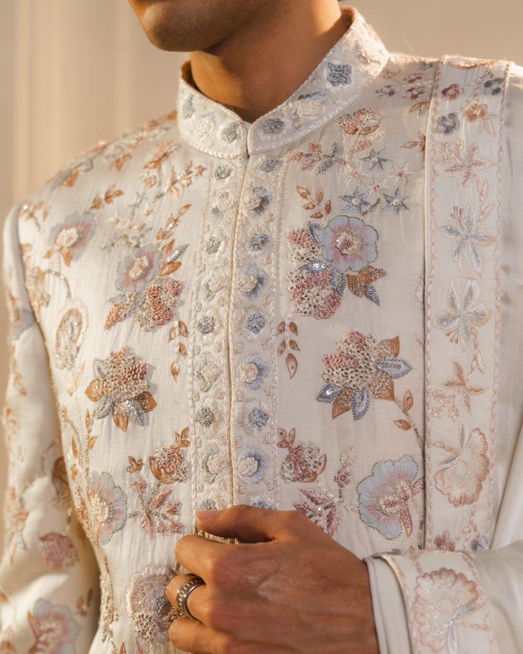 Ivory Silk Hand Painted And Hand Embroidered Sherwani Set