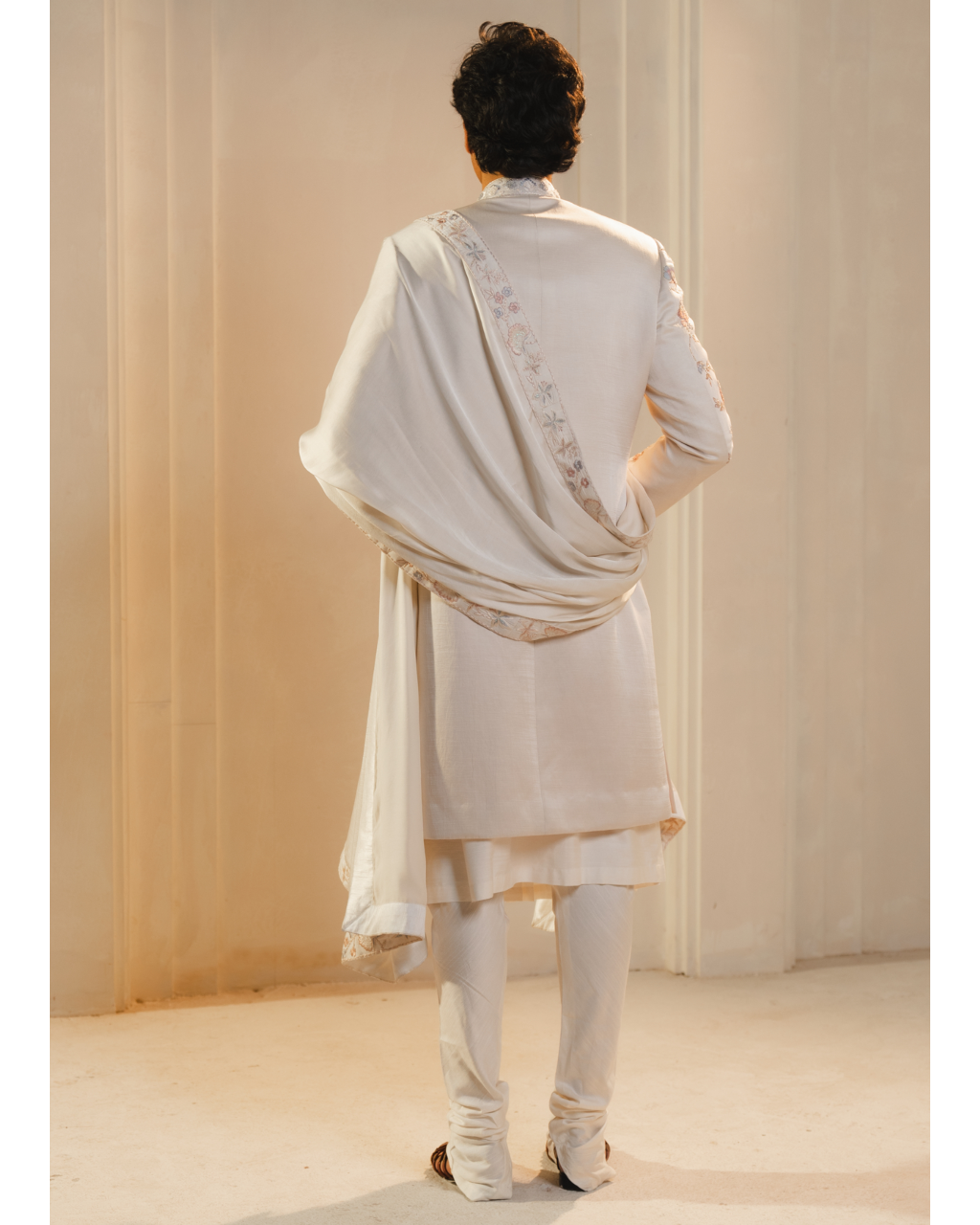 Ivory Silk Hand Painted And Hand Embroidered Sherwani Set