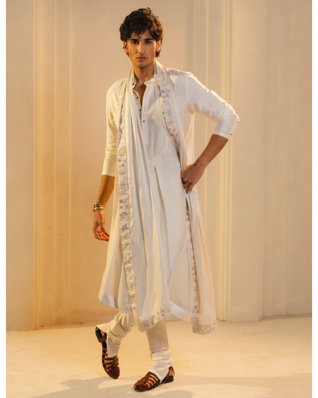 Ivory Silk Hand Painted And Hand Embroidered Sherwani Set