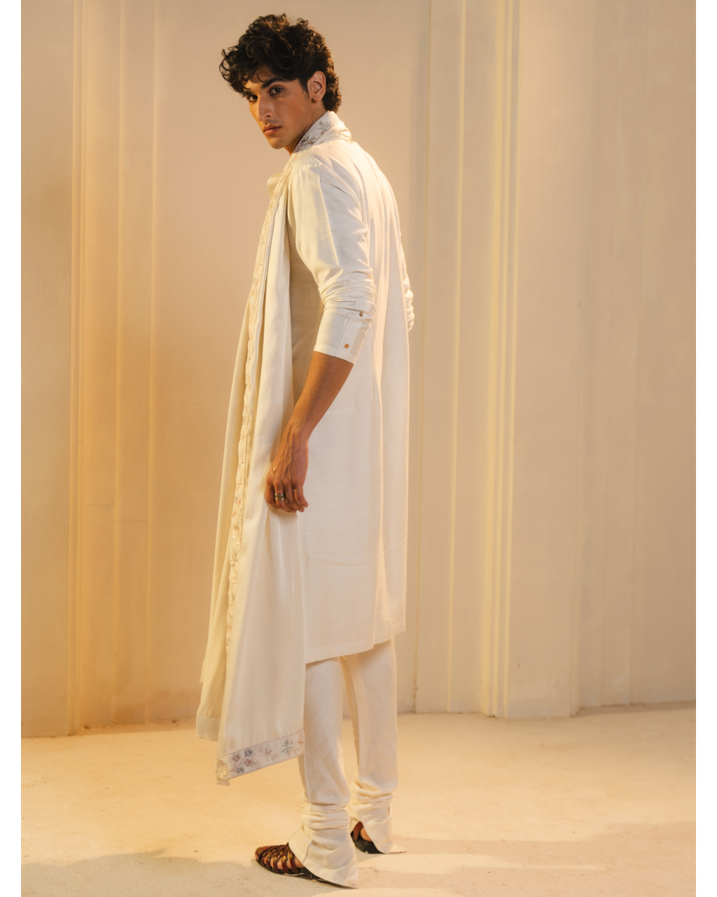 Ivory Silk Hand Painted And Hand Embroidered Sherwani Set