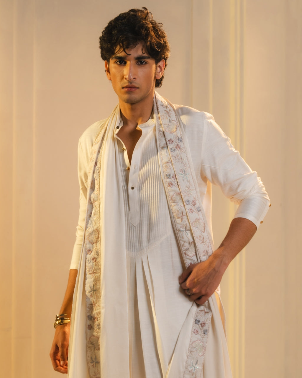 Ivory Silk Hand Painted And Hand Embroidered Sherwani Set