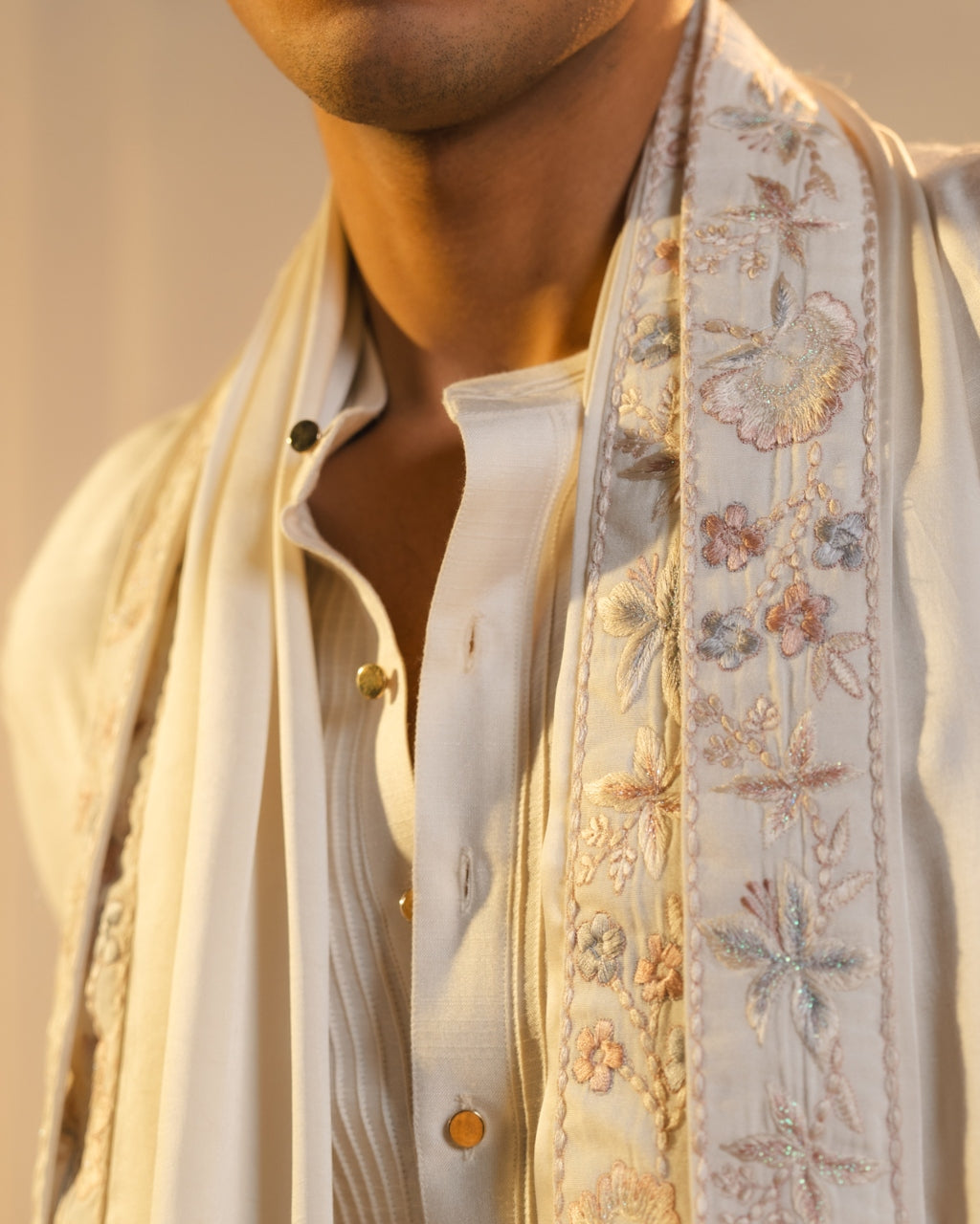 Ivory Silk Hand Painted And Hand Embroidered Sherwani Set