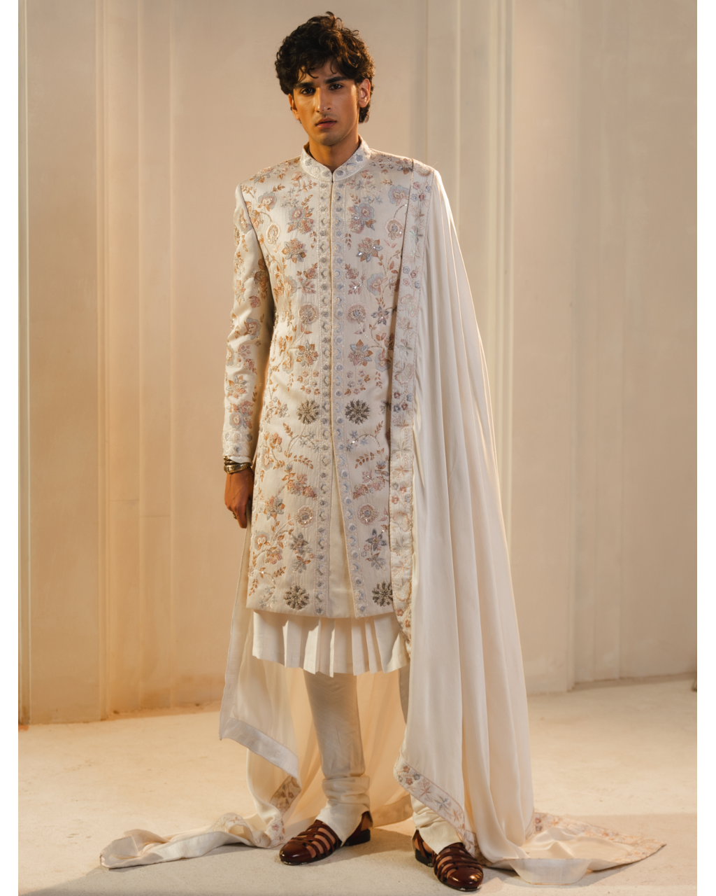 Ivory Silk Hand Painted And Hand Embroidered Sherwani Set