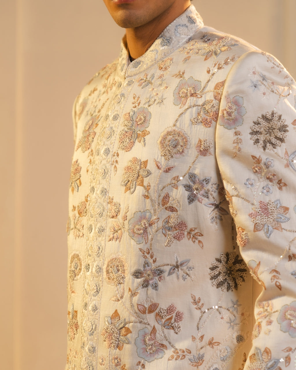 Ivory Silk Hand Painted And Hand Embroidered Sherwani Set