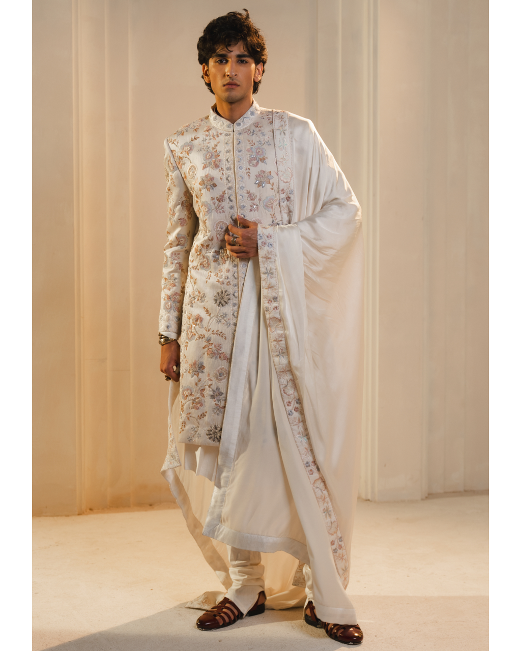 Ivory Silk Hand Painted And Hand Embroidered Sherwani Set