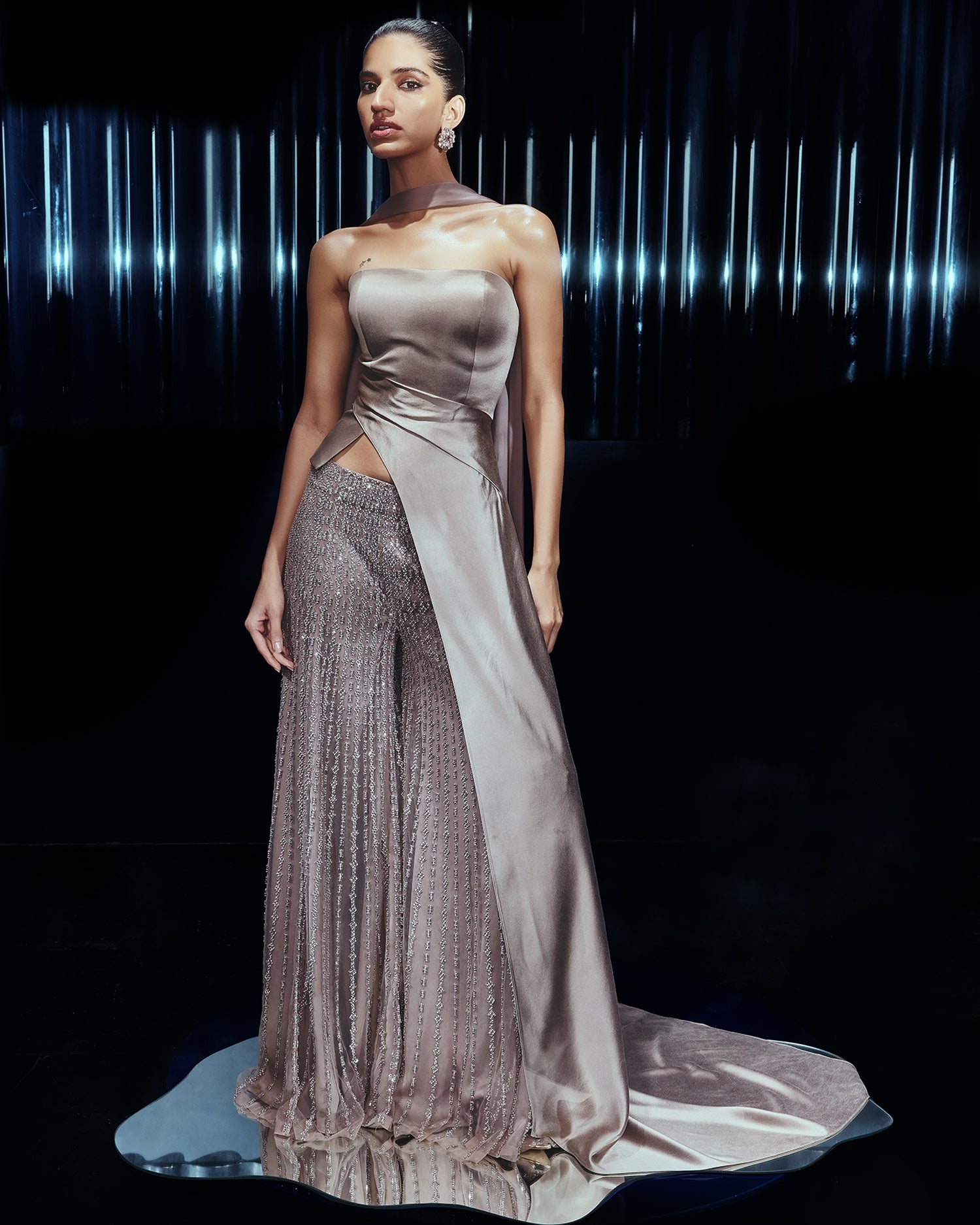 Luna Embellished Power Pants Paired With Draped Top