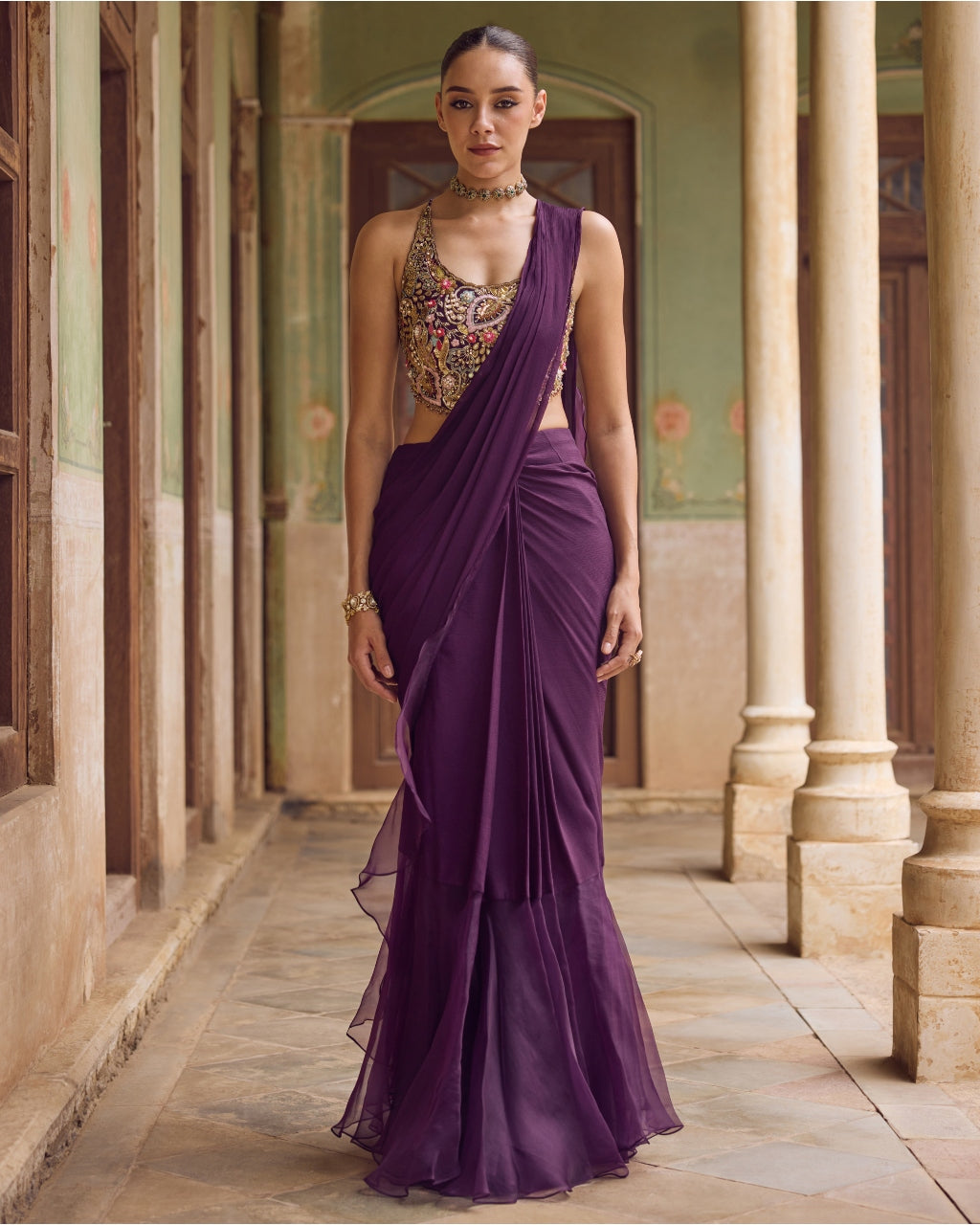 Kashida Ruffle Sari Set