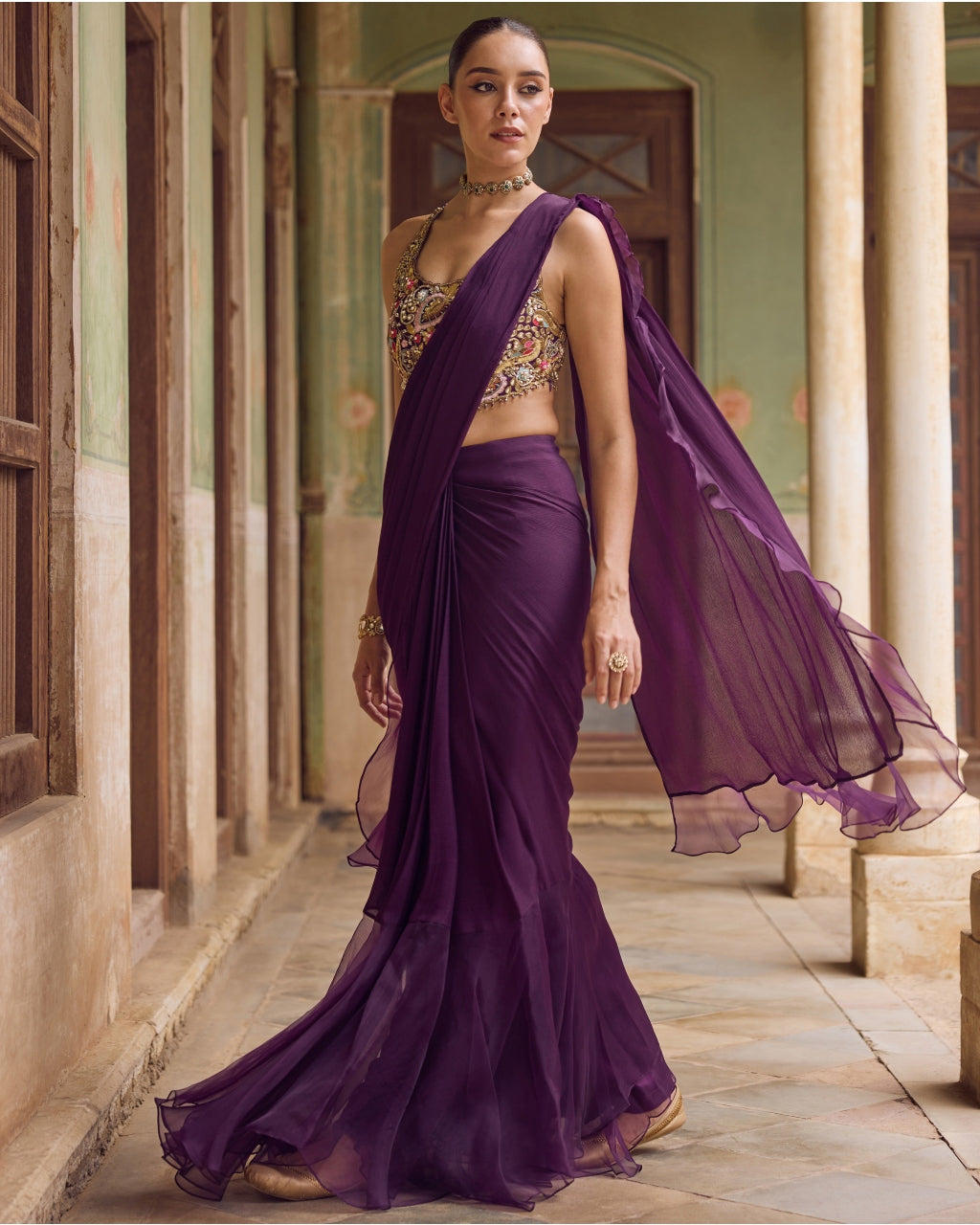 Kashida Ruffle Sari Set