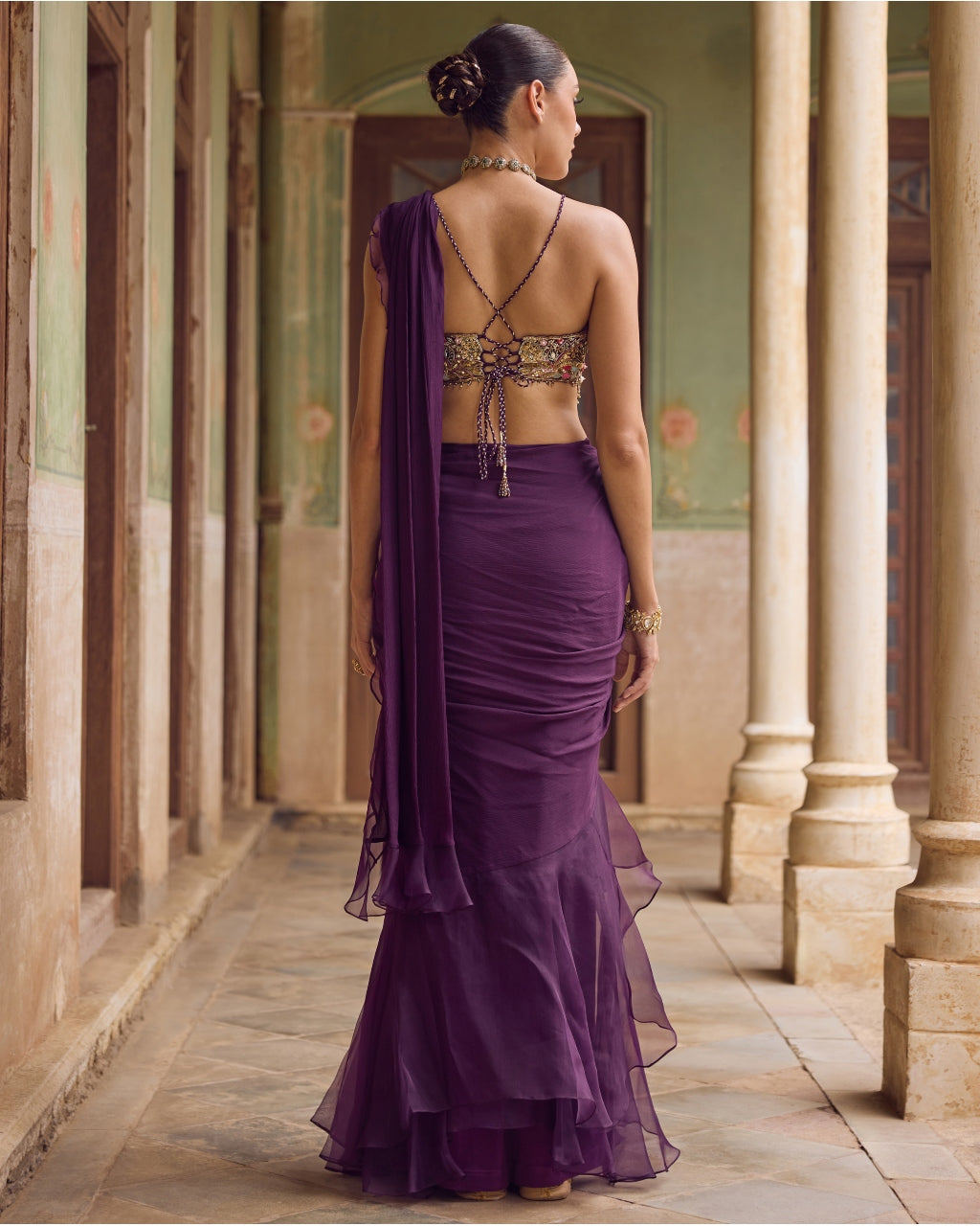 Kashida Ruffle Sari Set