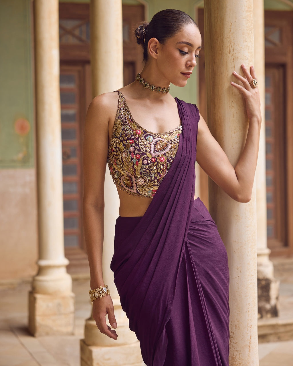 Kashida Ruffle Sari Set
