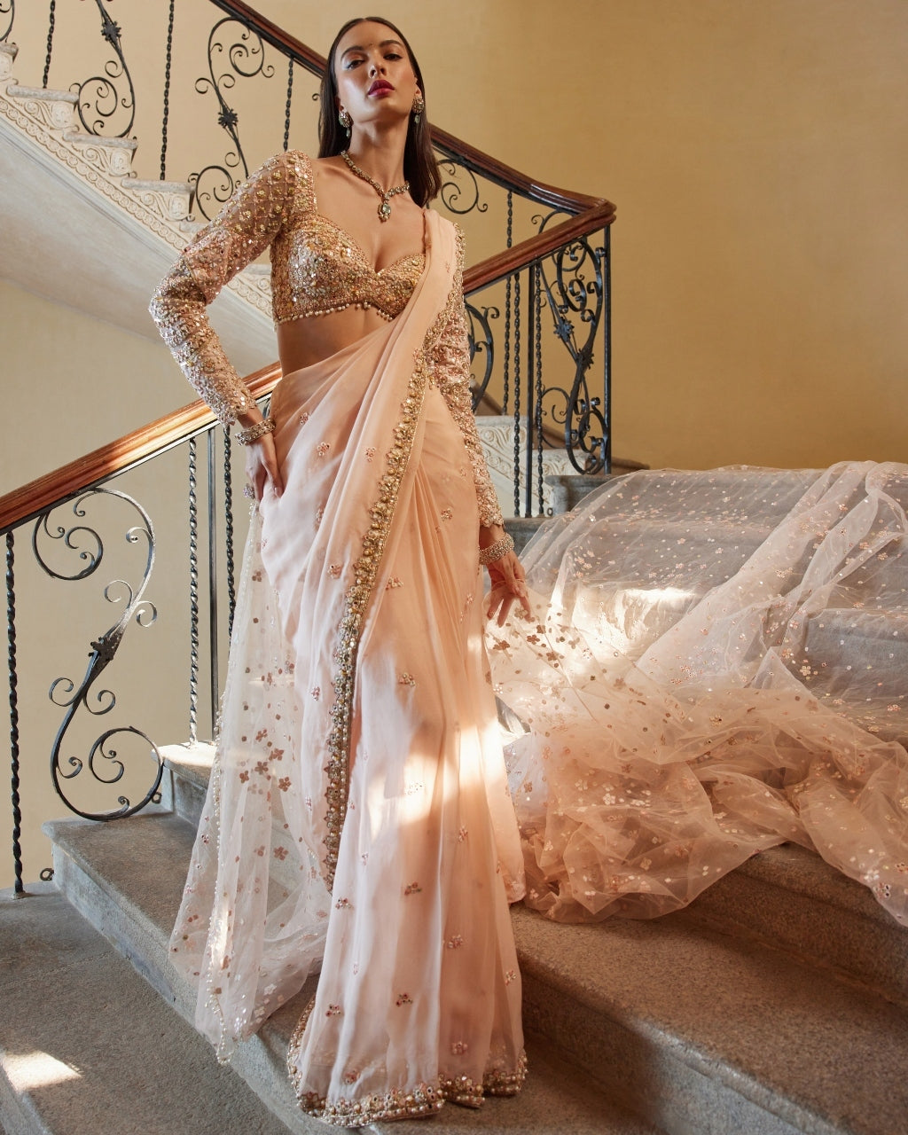 Peach Embroidered Organza Sari Set