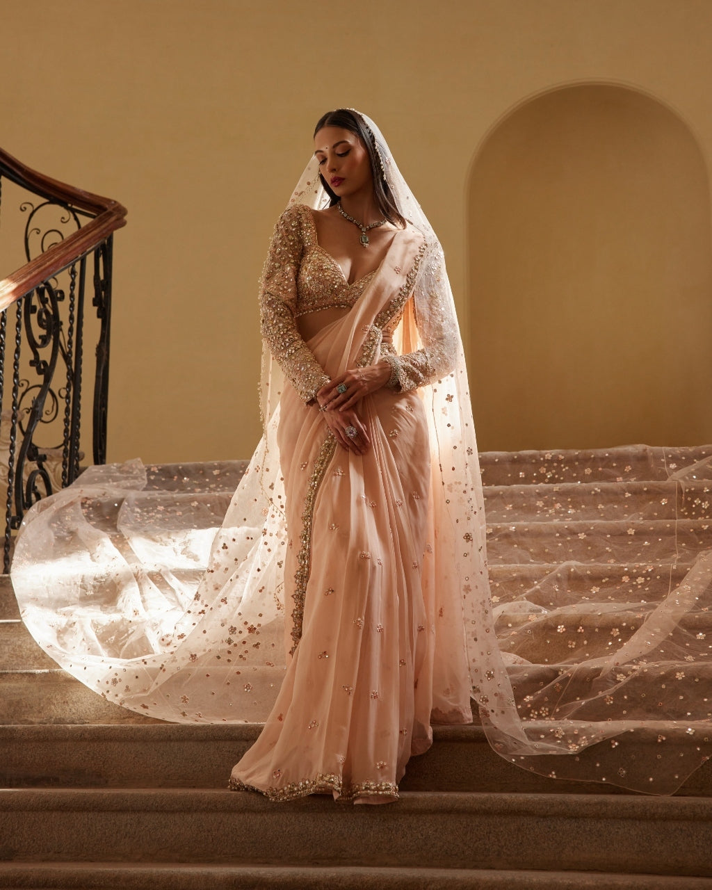 Peach Embroidered Organza Sari Set