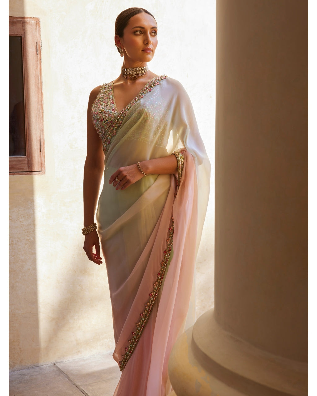 Green And Pink Ombre Organza Sari Set