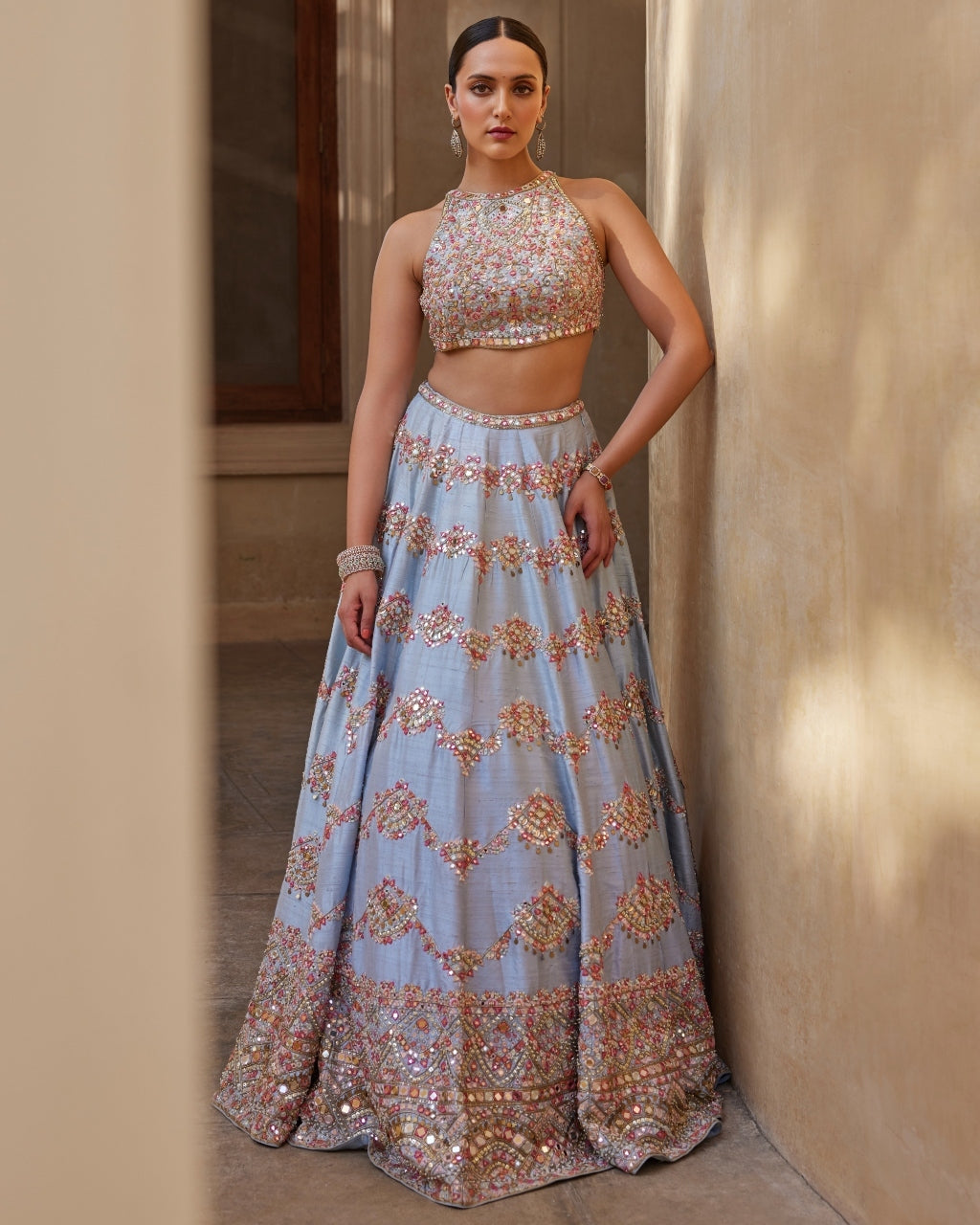 English Blue Mirror Lehenga Set