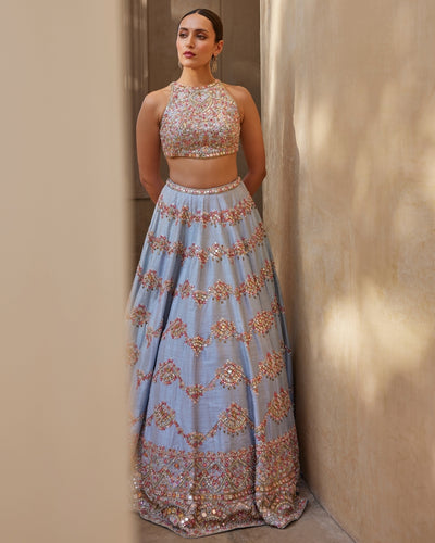 English Blue Mirror Lehenga Set