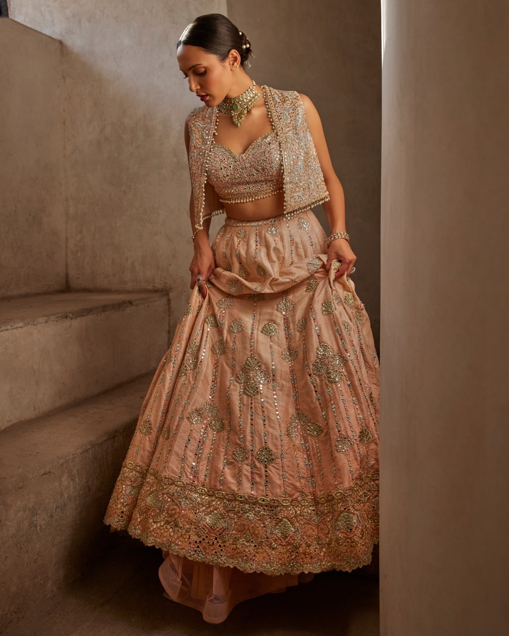 Peach Lehenga With Short Jacket Set